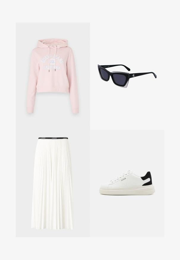 Rosa kortärmad hoodie i mjukt material, med huva, dragsnören och vit "Guess Jeans California" grafik på framsidan.; Fälld vit kjol med svart elastiskt midjeband som har "LACOSTE"-logotypen. Mittenlång design med mjuk textur.; Vita lädersneakers med en tjock vit sula, svartsuede hälaccent och präglad logotyp på sidan. Snörningsdesign med sex öglor.; Svart överdimensionerade solglasögon med geometrisk form, med mörka linser och en kontrasterande grå detalj på ramen. Logotyp på bygeln.