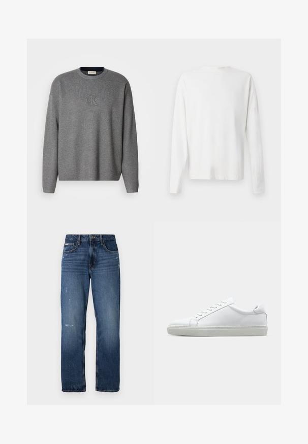 Grå strikke sweatshirt med rund hals, med en preget "ck" logo på brystet og ribbestrikkede mansjetter. Myk tekstur, avslappet passform.; Langermet hvit bomullsskjorte med rund hals, sidespalter nederst og en jevn tekstur, vist fra baksiden.; Blå denim jeans med rett ben-design. Har falmede områder og lett slitasje foran, med en klassisk knappeåpning.; Hvit sneakers med en glatt skinnoverdel og lav profil. Har en rund tå, seks snøring hull, og en teksturert gummisåle.