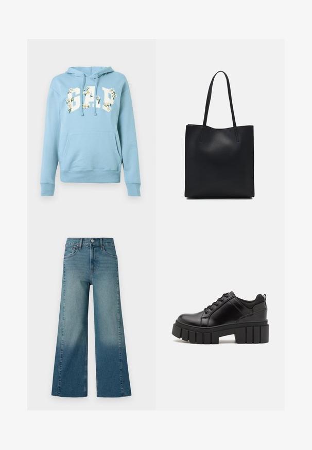 Šviesiai mėlynas džemperis su priekinėmis kengūros kišenėmis, su raišteliais ir "GAP" tekstu, dekoruotu baltomis ramunėlėmis krūtinės srityje.; Plačios kojos džinsai vidutinio mėlynumo plovime, su gradientiniu efektu nuo tamsesnio prie šviesesnio. Pagaminti iš džinsinio audinio su tradiciniu penkių kišenių dizainu.; Juodi odiniai platformos batai su masyviu blokuota kulniuku, apvalia nosimi ir tradiciniu šnypštimo dizainu. Turintys glotnų paviršių ir minimalų dekoravimą.; Juodas odinis tote krepšys su lygia tekstūra, stačiakampio formos ir dviem ilgais rankenomis. Matomų metalinių detalių ar puošybos nėra.