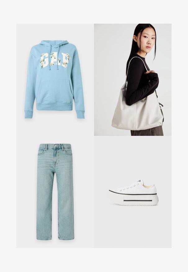 Jasnoniebieska bluza z kapturem z przednią kieszenią kangurką, sznurkami i tekstem "GAP" ozdobionym białymi kwiatami stokrotek na piersi.; Jasnoniebieskie dżinsy szerokie w nogawkach, wykonane z denimu, z klasycznym pięciopocketowym wzorem, czystymi liniami oraz standardowym pasem z zapięciem na guzik.; Białe płócienne trampki na platformie z czarną gumową podeszwą, okrągłym noskiem i metalowymi oczkami, cechujące się prostym, eleganckim designem.; Beżowa torebka wykonana z miękkiego materiału, charakteryzująca się luźnym fasonem, wyszywanymi detalami i dwoma uchwytami na ramię. Idealna na co dzień.