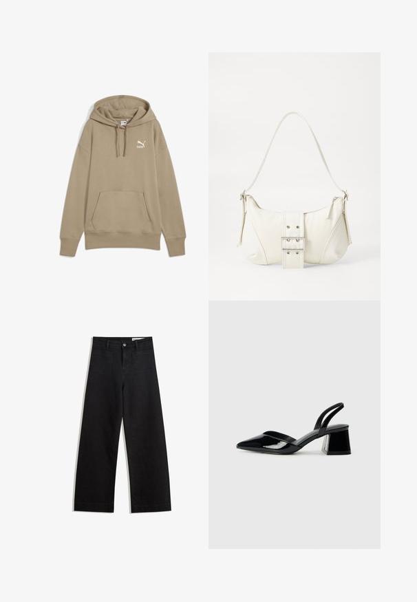 Puma BETTER - Sweat à capuche - oak branch; Pantalon en denim noir à jambes larges avec une taille haute, comprenant des poches avant et arrière, des coutures piquées et une fermeture à bouton. Texture lisse.; Escarpins en cuir verni noir avec bout pointu et talon bloc géométrique. Présente un design élégant et minimaliste ainsi qu'une texture lisse.; Sac à épaule blanc avec une finition texturée, une accentuation par une boucle centrale et une forme courbée. Fermetures éclair des deux côtés.