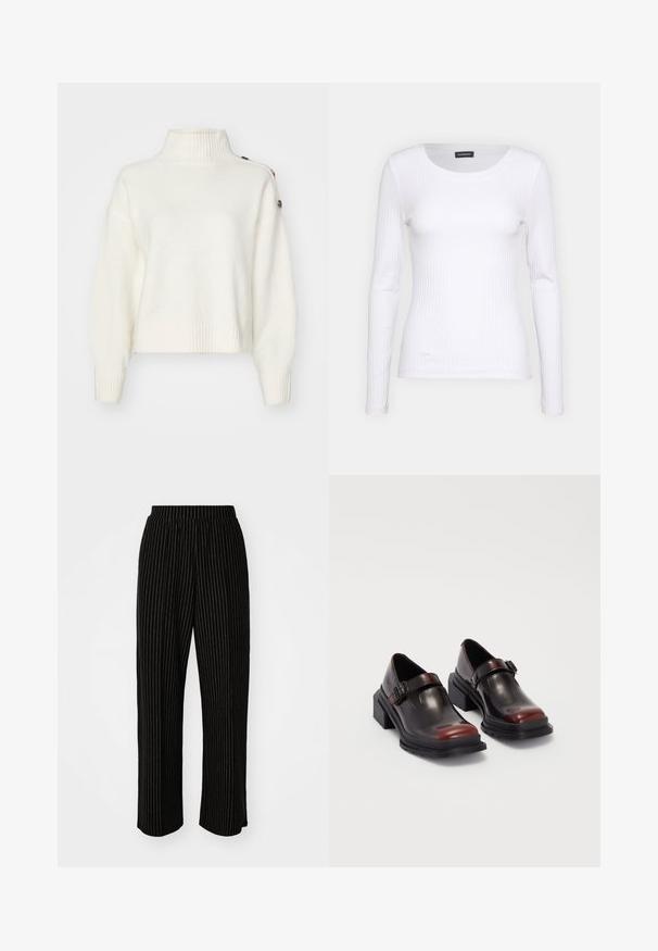 White, fluffy sweater with a high ribbed collar, wide sleeves, and ribbed hem. Features buttons on the shoulder for added detail.; White ribbed long-sleeve top with a round neckline. Made from a stretchy fabric that hugs the body. Features subtle horizontal lines.; Black, wide-leg pants with white vertical pinstripes, featuring an elastic waistband for comfort and a smooth, soft texture.; Leather block-heeled shoes with a shiny dark burgundy finish, featuring a buckle strap and rounded toe design. Textured outsole for grip.