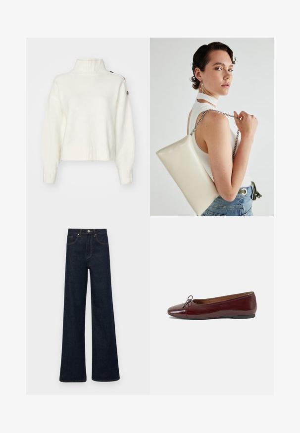 Pullover alb, pufos, cu guler înalt cu nervuri, mâneci largi și margine cu nervuri. Prezintă nasturi pe umăr pentru un detaliu suplimentar.; Jeans din denim de culoare albastru închis, cu picioare largi, buzunare frontale, bucle pentru curea și închidere cu nasture.; Balerini din piele patent burgund cu vârful rotund, accent de fundiță mică în față și talpă joasă din cauciuc negru. Textură netedă.; Geantă de clutch rectangulară albă, realizată dintr-un material lucios, având o curea de lanț argintie. Modelul pozează, evidențiind geanta pe un fundal simplu.