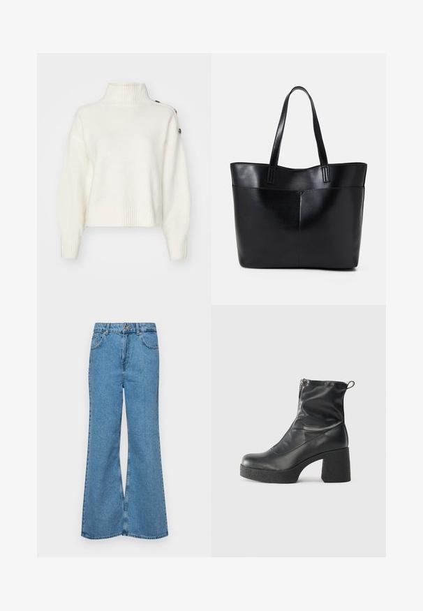 Maglione bianco e soffice con colletto alto a coste, maniche larghe e orlo a coste. Presenta bottoni sulla spalla per un tocco di dettaglio in più.; Jeans svasati di un blu chiaro, realizzati in denim, con vita alta, cinque tasche e chiusura a un bottone. Morbido al tatto con una finitura scolorita.; Stivali neri alla caviglia in pelle liscia, con zip laterale, tacco spesso e texture, e punta arrotondata.; Borsa a tracolla in pelle nera con due manici lunghi, una texture liscia e una forma strutturata. Presenta una tasca frontale per ulteriore spazio di archiviazione.