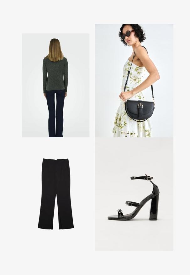 Tamnosivi, teksturirani pulover s dugim rukavima, uparen s tamnoplavim trapericama s širokim nogavicama i crnim čizmama s blok petom, prikazan s leđa.; Crne hlače ravnog kroja, s prednjim džepovima i bočnim prorezima na rubu. Izrađene od mekog i glatkog materijala. Pogodne za razne prigode.; Crne lakirane sandale na pete sa kvadratnim nosom, trakama oko gležnja i srebrnim kopčama. Imaju čvrst blok petu za stabilnost.; Crna kožna torba s lukovitim oblikom, odvojivim remenom i zlatnim detaljima. Torba ima preklop s kopčom.