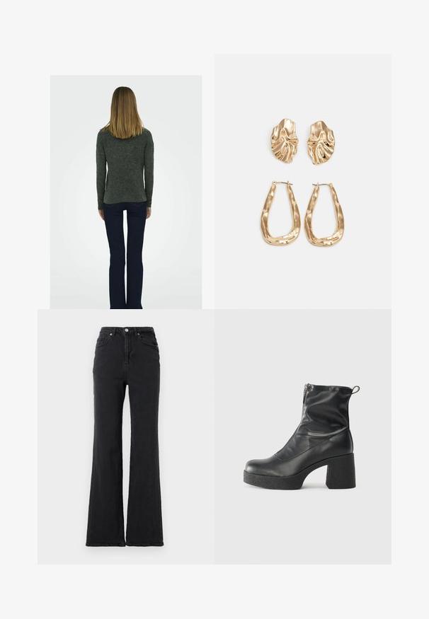 Tamsiai pilkas, tekstūruotas megztinis su ilgomis rankovėmis, derinamas su tamsiai mėlynomis platėjančiomis džinsomis ir juodais batais su blokuotu kulnu, matomas iš nugaros.; Juodos aukštu liemeniu džinsinės kelnės su pūstomis klešnėmis, priekyje užsegamos mygtuku ir turinčios penkias kišenes, priešais paprastą baltą foną.; Juodos kulkšninių botai, pagaminti iš lygaus odos, su šoniniu užtrauktuku, masyviu tekstūruotu kulnu ir apvaliu pirštu.; Auksinės auskarai, turintys tekstūruotus, bangų formos elementus. Įeina skulptūriniai segami auskarai ir atviri lankai su išmuštu paviršiumi.