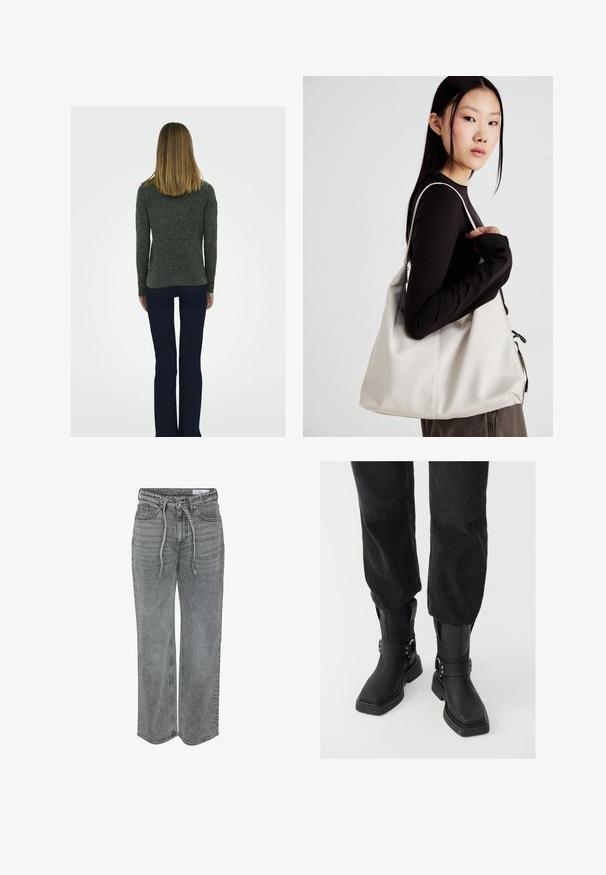 Sötétszürke, textúrált pulóver hosszú ujjal, sötétkék, bővülő fazonú farmerrel és fekete, blokksarkú csizmával párosítva, hátulról nézve.; Szürke farmer széles szárú nadrág, állítható derekú, elülső zsebekkel és finom kopásokkal, látható varrásokkal az illesztéseken.; Fekete bőr bokacsizmák négyzet alakú orral, széles pánttal és fém csattal. A csizmák vastag talppal és sima felülettel rendelkeznek.; Puha anyagból készült bézs kézitáska, laza dizájnnal, varrott részletekkel és két vállpánttal. Mindennapi használatra alkalmas.