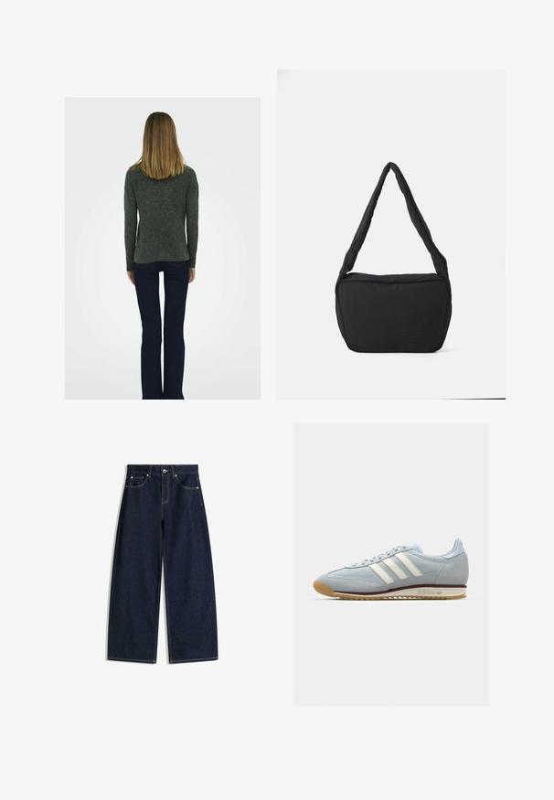 Pulover texturat de culoare gri închis, cu mâneci lungi, asociat cu blugi evazați de culoare bleumarin și cizme negre cu toc pătrat, văzut din spate.; Blugi din denim albastru închis cu picioare largi, buzunare frontale, închidere cu nasturi și cusături vizibile pe un fundal alb.; Adidași din suede albastru deschis cu trei dungi albe, talpă din cauciuc și plasă texturată. Dispune de o vârf neted și un logo pe toc.; Geantă de umăr neagră cu o textură căptușită, formă rotundă și un bretele lată, având un logo embosat pe față.