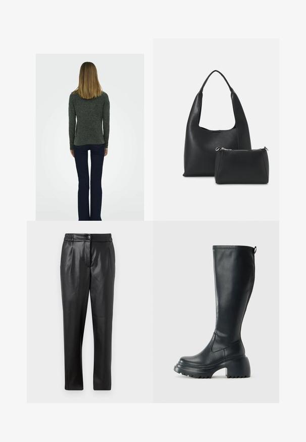 Maglione grigio scuro, strutturato, con maniche lunghe, abbinato a jeans a zampa d'elefante blu scuro e stivali neri con tacco a blocco, visto da dietro.; Pantaloni di pelle nera con una texture liscia, vestibilità dritta, cintura elastica e chiusura con bottone frontale; dettagli plissettati e gambe affusolate.; Stivale lungo in pelle nera con suola piatta robusta e tacco a blocco, dotato di linguetta e battistrada testurizzato sulla suola.; Even&Odd SET - Borsa a mano - black