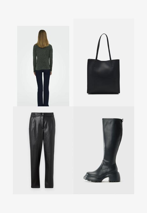 Mørkegrå, struktureret sweater med lange ærmer, parret med mørkeblå flared jeans og sorte støvler med blokhæle, set bagfra.; Sorte læderbukser med en glat tekstur, lige pasform, elastisk talje og en lynlåslukning foran; plisserede detaljer og tætsiddende ben.; Høj sort læderstøvle med kraftig platformssål og blokhæl, med trækstrop og tekstureret sål.; Sort læder tote taske med glat tekstur, rektangulær form og to lange hanke. Ingen synlig hardware eller udsmykninger.