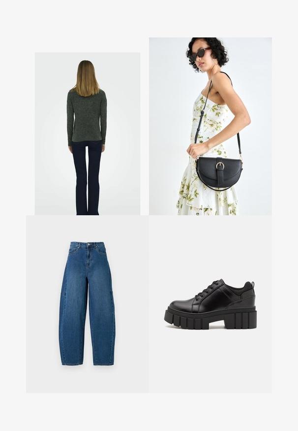 Tmavo šedý, textúrovaný sveter s dlhými rukávmi, kombinovaný s tmavomodrými rozšírenými džínsami a čiernymi topánkami na blokovom opätku, z pohľadu zozadu.; Džínsy v strednom modrom umývaní, s vysokým pásom, širokým strihom nohavíc a klasickým dizajnom s piatimi vreckami a viditeľnými švami.; Čierne kožené platformy s masívnym blokovým podpätkom, okrúhlou špičkou a tradičným šnurovaním. Má hladký povrch a minimálne detaily.; Čierna kožená kabelka s zaobleným tvarom, odnímateľným popruhom a zlatými doplnkami. Kabelka má klopu s detailom s prackou.