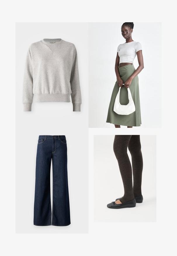 Jasnoszara bluza z okrągłym dekoltem i prążkowanymi wykończeniami. Charakteryzuje się luźnym krojem oraz delikatną prążkowaną teksturą na mankietach i w pasie.; Jeansy z szerokimi nogawkami w ciemnoniebieskim denienie. Posiadają kontrastowe przeszycia, pięć kieszeni oraz zapięcie na guzik w talii. Gładka faktura.; Czarne płaskie buty z małym kokardkowym detalem na palcach, zestawione z ciemnobrązowymi rajstopami w prążki. Buty mają gładką teksturę i niski profil.; Szary prążkowany crop top i oliwkowa spódnica o wysokim stanie. Modelka trzyma białą torebkę na ramię z wycięciami. Prosty design, dopasowany krój.