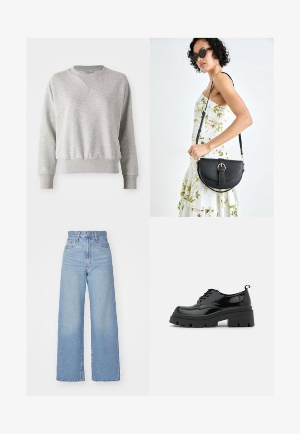 Sweatshirt cinza claro com um decote arredondado e acabamento ribado. Apresenta um ajuste solto e uma leve textura ribada nos punhos e na cintura.; Jeans de cintura alta e perna larga em azul claro, com fecho frontal de botão e zíper, bolsos frontais e traseiros, sobre um fundo branco.; Sapatos pretos deverniz com uma sola de plataforma chunky e cadarços grossos. Bico arredondado, detalhes mínimos e uma pequena aba no calcanhar.; Bolsa de couro preta com forma curva, alça destacável e detalhes em dourado. A bolsa possui uma aba com detalhe de fivela.