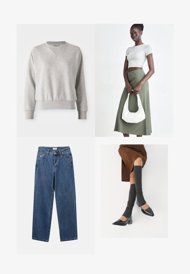 Jasnoszara bluza z okrągłym dekoltem i prążkowanymi wykończeniami. Charakteryzuje się luźnym krojem oraz delikatną prążkowaną teksturą na mankietach i w pasie.; Klasyczne niebieskie dżinsy o prostym kroju, pięć kieszeni i zapięcie na guzik. Charakteryzują się średnim odcieniem i solidną teksturą.; Czarne lakierowane buty na szpilce z prostokątnym obcasem i paskiem na kostce, zestawione z szarymi prążkowanymi ocieplaczami na nogi oraz brązową zamszową spódnicą.; Szary prążkowany crop top i oliwkowa spódnica o wysokim stanie. Modelka trzyma białą torebkę na ramię z wycięciami. Prosty design, dopasowany krój.