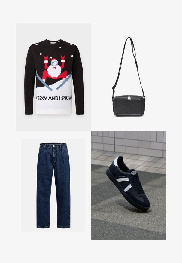 Zwarte gebreide trui met een witte ondersectie waarop een kerstmanfiguur in het rood met een zonnebril staat afgebeeld, omgeven door sneeuw. De tekst leest: "IK BEN SEXY EN IK WEET HET."; Donkerblauwe denim jeans met een rechtlopende pasvorm. Beschikt over zichtbare stiksels, een knoopsluiting en voorste plooien voor extra detail.; Zwarte leren sneaker met witte strepen, een gestructureerde rubberen zool en vetersluiting aan de voorkant. Voorzien van een merklabel op de tong.; Zwarte leren schoudertas met een ritssluiting, reliëflogo aan de voorkant en een verstelbare schouderriem. Gladde textuur met een rechthoekige vorm.