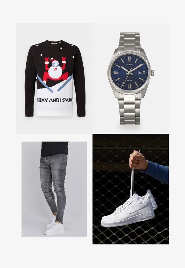 Čierny pletený sveter s bielou dolnou časťou, na ktorej je postava Santu v červenej farbe s okuliarmi a snehom. Text znie: "SOM SEXY A VIEM TO."; Chudé džínsy v bledom šedom denime s obnosnými detailmi na kolenách, skombinované s bielymi teniskami. Hladká textúra, úzky strih.; Biele kožené tenisky s perforáciami, okrúhlou špičkou, plochou podrážkou a hrubými šnúrkami, pričom majú viditeľné logo swoosh a nápis "AIR" na päte.; Strieborné nerezové hodinky s modrým ciferníkom, kovovými hodinovými značkami a dátumovým oknom na 3. hodine. Vodotesné do hĺbky 50 metrov.