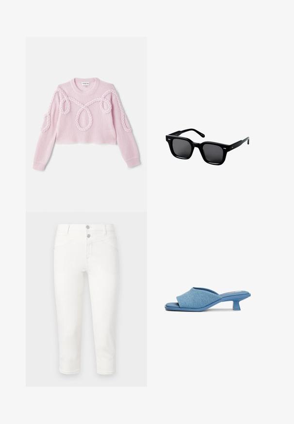 Vaaleanpunainen lyhyt neulepaita, jossa on uurrettu pinta ja punottu yksityiskohta olkapäillä ja käsivarsilla. Valmistettu pehmeästä neulotusta kankaasta.; Valkoiset lyhyet farkut, jotka on valmistettu puuvillasekoitekankaasta. Yhdessä etutaskut, takataskut ja sileä pinta. Metallinen napin sulkeminen.; Sininen farkkukankainen liukusandaalit, joissa on ristikkäinen nauhakuvio, matala geometrinen korko ja sileä, teksturoidun pinnan.; Mustat muoviset neliönmuotoiset aurinkolasit tummilla linsseillä, joissa on paksu kehys, kaksi pientä korostuspistettä etupuolella ja litteät sankakaaret.