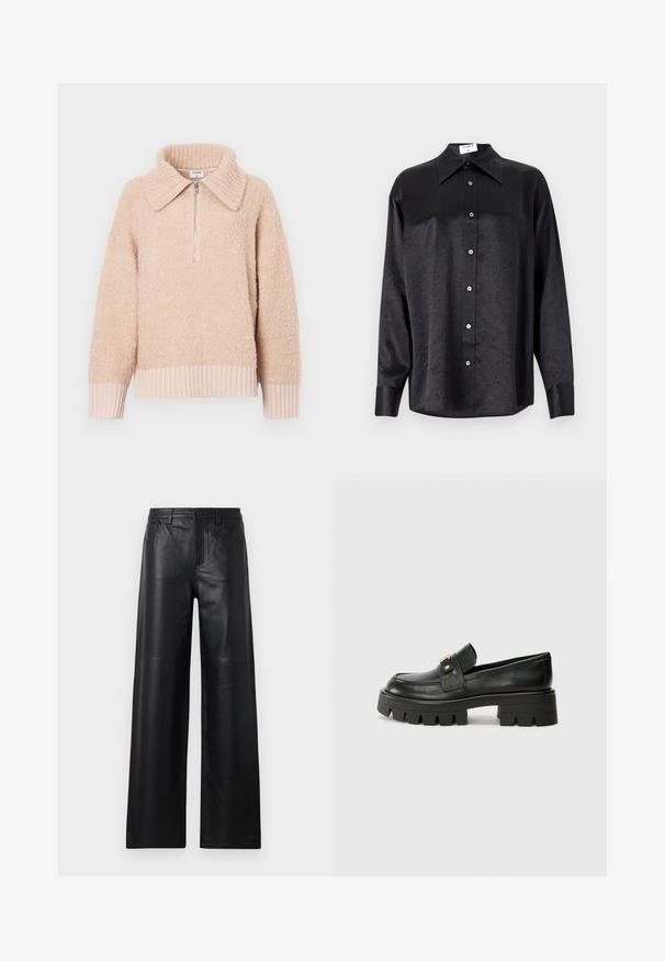 Pullover en polaire beige avec un col et une fermeture éclair à mi-hauteur. Poignets et ourlet côtelés. Texture douce avec une apparence confortable.; Chemise noire à manches longues avec un col, présentant une texture froissée, une fermeture à boutons sur le devant et des poignets. Fabriquée en tissu lisse.; Pantalons en cuir noir à jambes larges avec une texture lisse, dotés de poches avant, d'une fermeture par bouton et de détails de couture subtils.; Mocassins en cuir noir avec une semelle épaisse, présentant un accent doré à l'avant et une finition lisse. Design à crampons épais sur la semelle.