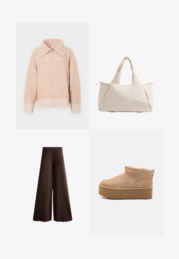 Béžový fleeceový pulóver s golierom a polovičným zipsom. Hladké manžety a lem. Mäkka štruktúra s útulným vzhľadom.; Hnedé nohavice so širokými nohavicami vyrobené z mäkkej textílie, s vysokým pásom, jemnou textúrou a plynulým siluetou bez viditeľných uzáverov alebo ozdôb.; Béžové semišové členkové topánky s mäkkým interiérom, vybavené platformovou podrážkou a malým úchytom na zadnej strane pre jednoduché obúvanie. Textúrovaná gumová podrážka.; Béžová prešívaná taška s dvoma uchami, zaoblený tvar, textúrovaná látka a bočná vrecko so šnúrkou. Hladký povrch, minimalistický dizajn.