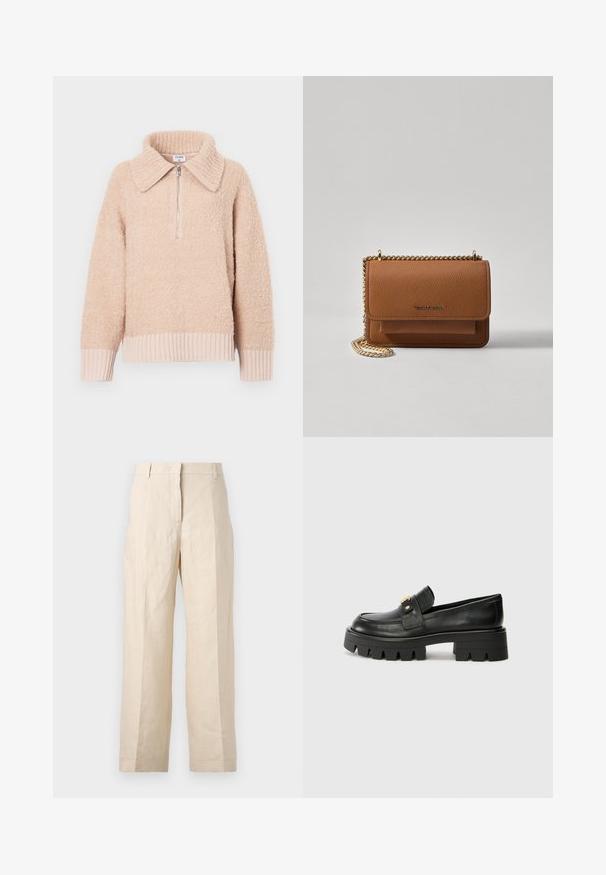 Bežfleežpullover kraanika ja pooltõmblukuga. Ribikantidega varrukad ja alläär. Pehme tekstuur ja mugav välimus.; Bež linasest püksid, millel on lõtv istuvus, volditud eesmine osa ja sirged jalad. Omab vööd, millel on vöökohaga silmused, ja nähtavaid taskuid ei ole.; Mustast nahkfrontaalid, millel on paks tald, esiosas kullatooni aksent ja sile viimistlus. Talse paksu mustriga disain.; Pruun tekstureeritud nahk ristkeha kott kuldse ahelaga rihmaga ja klapiga sulgemine. Esiküljel on logo detail ja tasku klapi all.