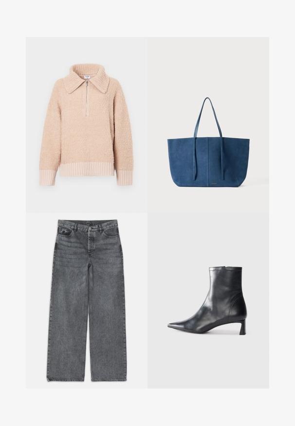 Bežinis fliso megztinis su apykakle ir pusiau užtrauktuku. Ribo įvyniojimai ir apdaila. Minkšta tekstūra su jaukia išvaizda.; Platus kojų džinsai tamsiai pilko džinsinio audinio. Yra aukšta liemenė, penkių kišenių dizainas ir priekinis sagčių uždarymas. Lygus paviršius su subtiliu dėvėjimosi efektu.; Juodas odinis kulkšninis batas su smailiu pirštu ir elegantišku dizainu. Turi žemą kulną ir užtrauktuką gale. Lygi tekstūra.; Mėlynas suede tipo rankinukas su dviem ilgais rankenėlėmis, stačiakampio formos, lygaus paviršiaus, minimalistinio dizaino, su subtiliu logotipo užrašu priekyje.