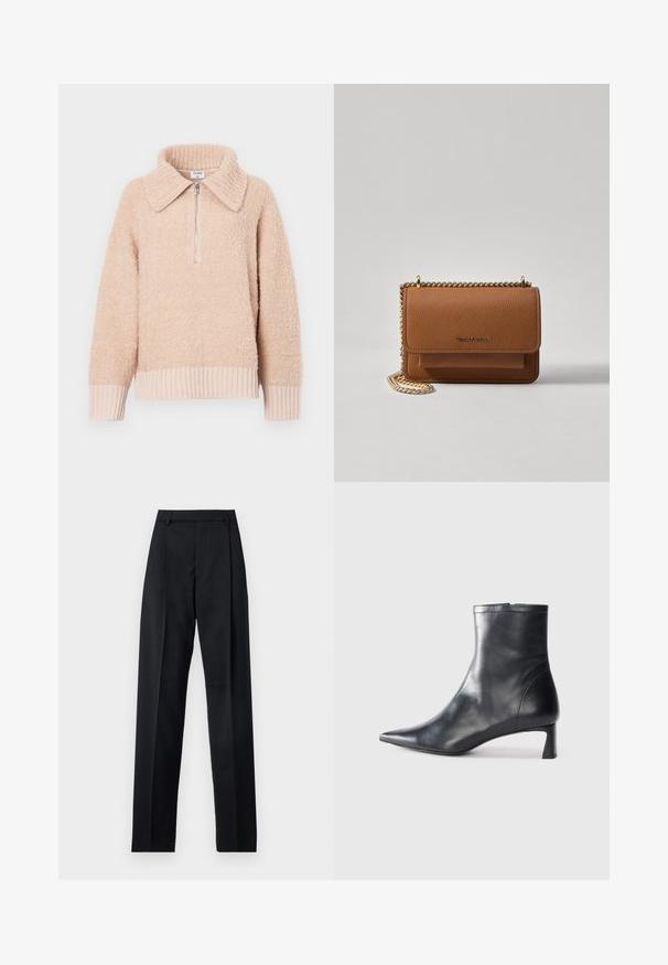 Beżowy polarowy sweter z kołnierzykiem i pół-zamkiem. Żebrowane mankiety i dół. Miękka tekstura o przytulnym wyglądzie.; Czarne spodnie wykonane z gładkiego materiału, z wysokim stanem, szerokimi nogawkami, fałdami z przodu i klasycznymi szlufkami na pasek. Brak widocznych kieszeni bocznych.; Czarne skórzane botki sięgające kostki z ostrym noskiem i eleganckim designem. Posiadają niski obcas oraz zamek błyskawiczny z tyłu. Gładka faktura.; Brązowa skórzana torba na ramię z teksturą, z złotym łańcuszkiem i zapięciem na klapkę. Z przodu znajduje się detal z logo oraz kieszeń pod klapką.