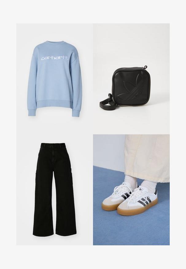 Carhartt WIP Sweatshirt - misty sky/white; Black wide-leg cargo pants made of denim, featuring a high waist, front button closure, and side pockets. Smooth texture with minimal stitching.; White sneakers with black stripes and beige suede accents. Feature a textured gum sole and flat white laces, worn with light-colored socks.; Black square crossbody bag made of textured synthetic material. Features an embossed logo design and adjustable strap. Zipper closure.