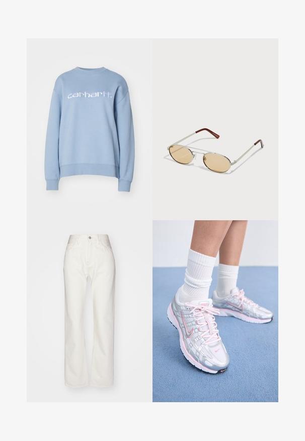 Carhartt WIP Felpa - misty sky/white; Pantaloni in denim bianco con vita alta e taglio ampio. Presentano chiusura con bottone e zip, passanti per cintura e dettagli di cucitura sottili.; Scarpe da corsa Nike con tomaia in rete argentata e dettagli rosa, stringhe bianche e suola testurizzata. Indossate con calzini sportivi in cotone bianchi.; Occhiali da sole in metallo con lenti ovali di colore marrone chiaro. Montatura sottile in argento con accenti texturizzati e punte rosso-marrone sulle astine.
