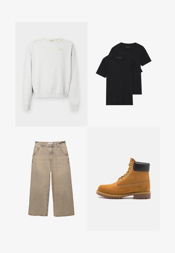 Svetlo siva majica iz mehke tkanine, z okroglim izrezom, rebrastimi manšetami in bež izvezenim napisom "POMPEII".; Dve črne bombažne majice s kratkimi rokavi, okroglimi ovratniki in gladko teksturo, prikazane zložene skupaj.; PULL&BEAR MEGA BAGGY - Vrečaste kavbojke - light grey; Svetlo rjave anklne čizme iz semiša z črnim oblazinjenim ovratnikom, zlatimi kovinskimi očesci, belimi šivi in robustnim gumijastim podplatom s izrazitimi tredi.