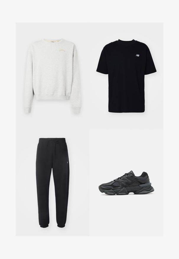 Világosszürke pulóver puha anyagból, kerek nyakkivágással, bordázott mandzsettákkal, és bézs színű "POMPEII" hímzéssel.; Fekete pamut póló kerek nyakkal, rövid ujjakkal és egy kis dombornyomott logóval a bal mellen. Klasszikus szabás és sima textúra.; Fekete melegítő nadrág puha anyagból, rugalmas derékrésszel, zsinórral és szűkítő mandzsettákkal, oldalon diszkrét logóval.; Fekete futócipő, mely háló és szintetikus anyagok keverékéből készült, vastag talppal, ívelt kialakítással és hangsúlyos logóval az oldalon.