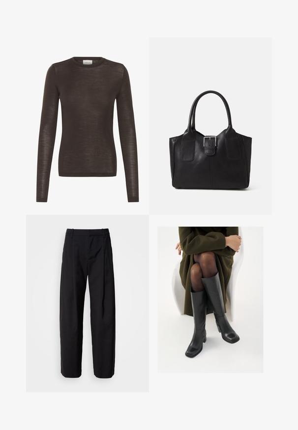 Rudas ilgomis rankovėmis, su apykakle topas, pagamintas iš lengvos, šiek tiek permatomos mezginio medžiagos.; Juodi kelniai su laisvu siluetu, raukšlėtu priekiniu dalimi ir diržo kilpelėmis. Lygus audinys ir tiesios kojos, su šoninėmis kišenėmis.; Juodos odinės pradžios ilgio bateliai su kvadratu formos nosimi ir bloko kulnu, demonstruojami su modeliu, sėdinčiu alyvuogių žalios spalvos švarku. Lygi tekstūra, minimalus puošimas.; Juodas odinis nešiojamas krepšys su lygiu paviršiumi, struktūrine forma, dviem rankenėlėmis ir ryškiu sidabriniu sagties akcentu priekyje.