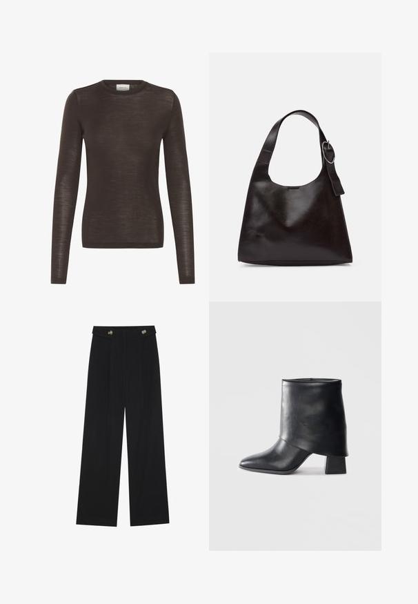 Brown long-sleeve crew neck fitted top with a lightweight, slightly sheer knit fabric.; Black wide-leg trousers with high waist, button details on waistband, and front pleats.; Black leather ankle boot with a pointed toe, smooth texture, and a structured block heel. Features a high, folded cuff design.; Brown leather shoulder bag with a smooth texture, rounded shape, wide strap, and circular metallic accent on the handle.