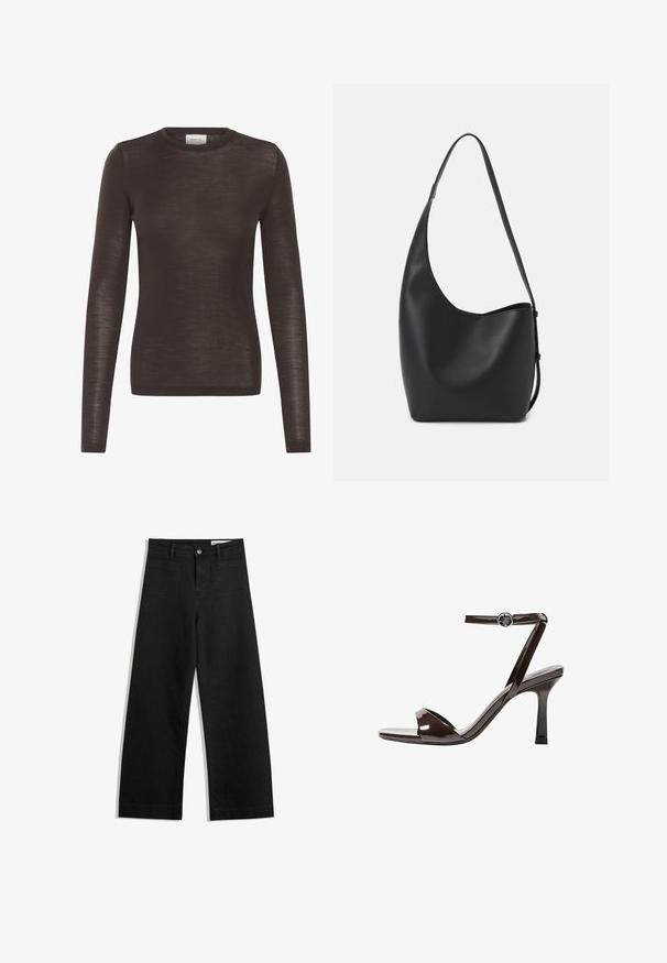 Brauner, langärmeliger Crew-Neck-Fitted-Top aus leichtem, leicht transparentem Strickstoff.; Schwarze weit geschnittene Jeans mit hoher Taille, ausgestattet mit Vorder- und Hintertaschen, gesteppten Nähten und einem Knopfverschluss. Glatte Textur.; Braune Lackleder-High-Heelsandale mit einem Knöchelriemen, offener Zehenpartie und einem schlanken, minimalistischen Design. Verfügt über einen quadratischen Absatz.; Schwarze Leder-Hobo-Tasche mit einer glatten Textur, geschwungener Form und einem einzelnen verstellbaren Tragegurt; verfügt über eine weite Öffnung am oberen Ende.