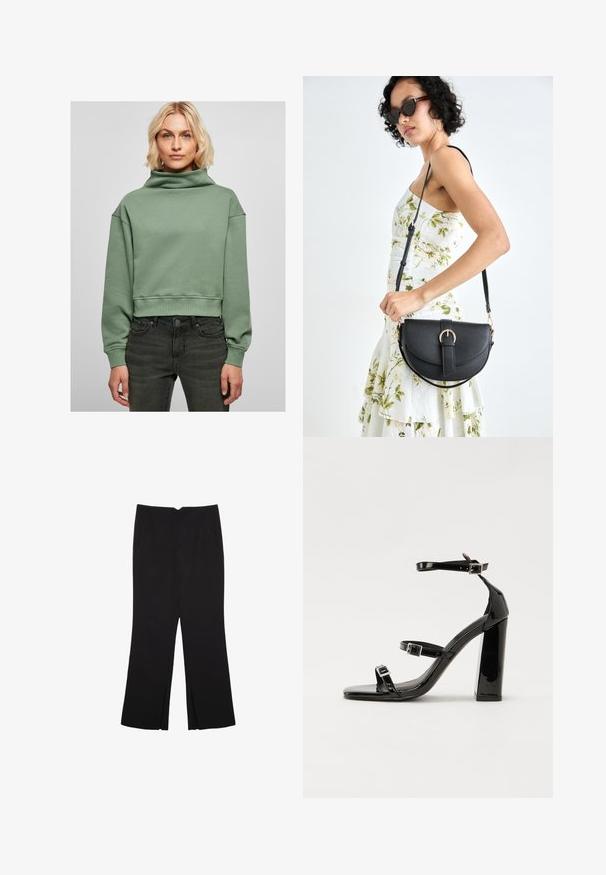 Felpa verde accorciata con colletto alto e maniche lunghe realizzata in materiale morbido. Abbinata a jeans scuri e con polsi a coste.; Pantaloni neri a gamba dritta, con tasche frontali e spacchi laterali all'orlo. Realizzati in tessuto morbido e liscio. Adatti a diverse occasioni.; Sandali con tacco in vernice nera, con punta squadrata, cinturini alla caviglia e fibbie in argento. Presentano un tacco a blocco spesso per maggiore stabilità.; Borsa a tracolla nera in pelle con una forma curva, manico rimovibile e accessori dorati. La borsa presenta una patta con un dettaglio a fibbia.
