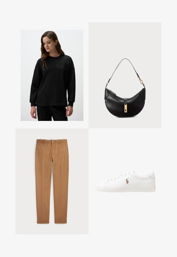 Felpa nera con maniche lunghe, scollatura rotonda, caratterizzata da un motivo decorativo di piccoli rivetti sul lato superiore sinistro. Tessuto morbido.; Pantaloni in cotone marrone con un design slim-fit, frontale piatto e tasche standard; texture liscia e orli rifiniti.; Sneakers in pelle bianca, design low-top, caratterizzati da una texture liscia, punta rotonda, chiusura con lacci e un piccolo logo ricamato sul lato.; Borsa a tracolla nera in pelle a forma di mezzaluna. Presenta un accento in metallo dorato e una tracolla sottile. Tessuto liscio, chiusura a cerniera nella parte superiore.