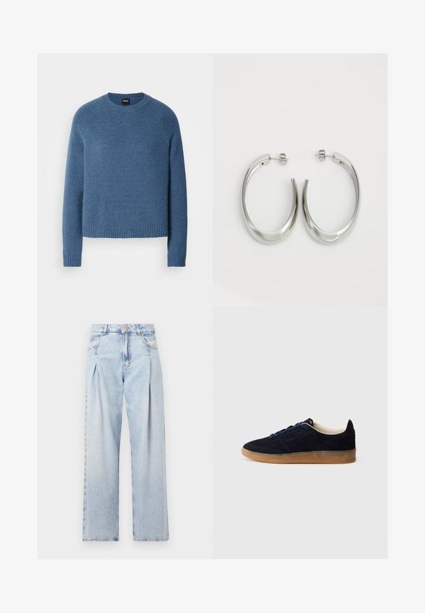 Koseblå genser laget av mykt stoff, med ribbestrikket halslinning og mansjetter, i en løs passform og med subtil tekstur.; Lyseblå denimjeans med høy livlinje, vide ben, to sidelommer og plisserte detaljer. Myk tekstur med en falmet finish.; Navy blå semsket sneakers med såle av gummikaramell, blå lisser og minimalistisk design. Har preget logo på siden og glatt innerfôr.; Sølvøreringer med en jevn, buet design. Har en blank metallisk finish og en studlås. Ingen synlige mønstre eller aksenter.