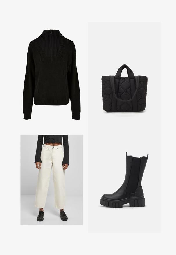 Fekete kötött pulóver magas bordás gallérral, mély V-hátrészel, ejtett vállakkal és laza fazonnal. A nyaknál cipzárral rendelkezik.; Széles szárú, törtfehér farmernadrág magas derékkal, tartós anyagból, elöl gombos záródással; egy fekete, rövidített, hosszú ujjú toppal párosítva.; Fekete bokacsizma, amely műbőr és rugalmas oldalsó panelek kombinációjából készült. Masszív platform talp függőleges barázdákkal a tapadás érdekében.; Fekete steppelt táska két strapabíró füllel, amelynek texturált anyaga gyémánt mintázatú, a tartósság és a stílus érdekében.