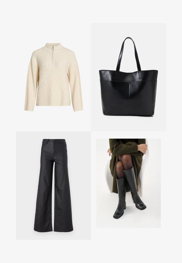 Cream-colored knit pullover with a high collar and half zipper; features a textured cable pattern and ribbed cuffs and hem.; Black, wide-leg pants in a faux leather material. Features a high waist, belt loops, two front pockets, and stitched detailing.; Knee-high black leather boots with a squared toe and block heel, shown with a model seated in an olive green coat. Smooth texture, minimal detailing.; Black leather tote bag with two long handles, a smooth texture, and a structured shape. Features a front pocket for additional storage.