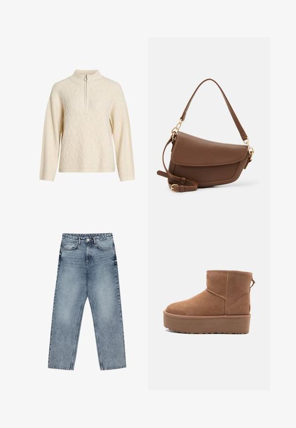 Pullover tricotado de cor creme com um colarinho alto e fecho de correr de meio; apresenta um padrão de cabos texturizado e punhos e bainha canelados.; Deve azul claro com corte reto, costura visível, design de cinco bolsos e fecho de botão na cintura.; Bota ankle em suede bege com sola plataforma, ponta arredondada e acabamentos de costura; conta com uma alça na parte de trás para facilitar o calçar.; Saco de ombro em couro castanho com um acabamento texturizado, forma curva, metal dourado, alça ajustável e fecho com aba.