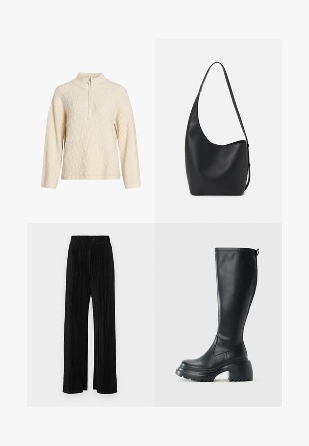 Krēmkrāsas adīts džemperis ar augstu apkakli un puszipsi; tam ir strukturēts kabeļu raksts un ribotas piedurknes un apakšmala.; Melni plīšu bikses ar elastīgu jostu. Tām ir platākas kājas un gluda, teksturēta auduma ar vertikālām svītrām.; Augstas melnas ādas zābakus ar masīvu platformu un bloka papēdi, ar vilkšanas cilpu un strukturētu profilu uz ārējā zoles.; Melnas ādas hobo soma ar gludu tekstūru, izliekta forma un vienu regulējamu jostu; augšā ir plaša atvere.