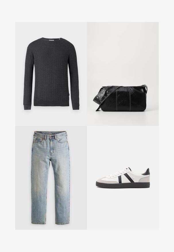 Maglione a maglia grigio scuro con texture a coste, scollo rotondo, maniche lunghe e orlo aderente. Presenta un branding minore sul lato inferiore.; Jeans in denim azzurro chiaro con vita alta, bottone anteriore, cerniera e design a cinque tasche, adagiati su uno sfondo neutro.; Sneaker bianco con accenti neri e grigi, dotata di una punta grigia testurizzata, suola in gomma nera e lacci bianchi piatti. Design pulito, stile minimalista.; Borsa a spalla in pelle nera con chiusura a zip, caratterizzata da un corpo testurizzato, cuciture bianche e una tracolla con occhielli in argento.