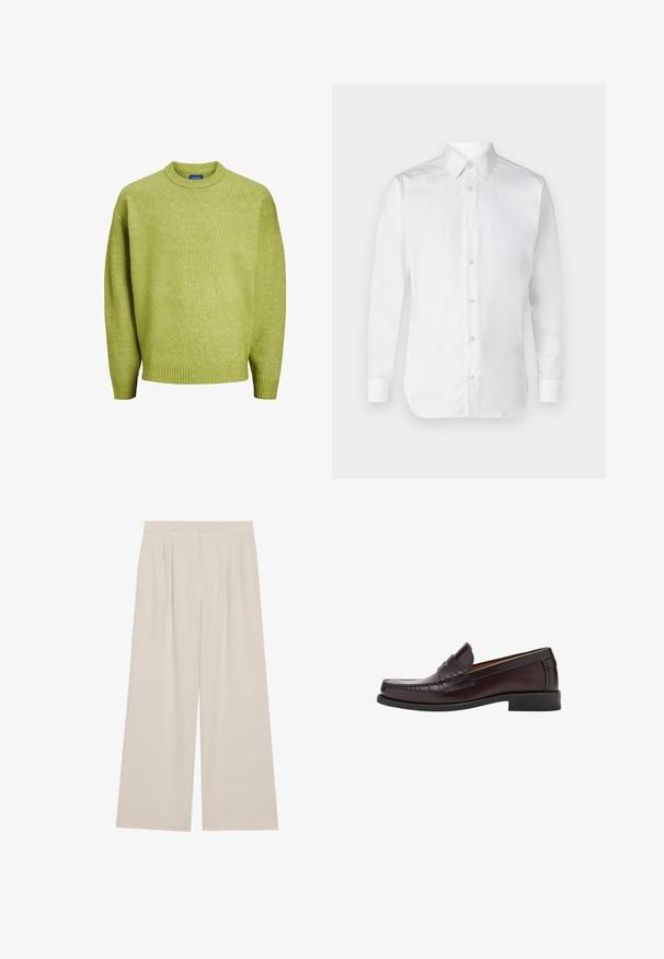 Jack & Jones JOROLLIE CREW NECK - Striktrøje - lima bean green; Hvid skjorte med lange ærmer, lavet af glat bomuldsstof, med en klassisk krave og subtil glans. Fem knapper foran.; Beige brede bukser med flad front, folder og elastisk talje. Fremstillet af et let materiale med en glat overflade.; Brune læder loafers med rund tå, dekorativ syning på forsiden og en flad gummisål for støtte og holdbarhed.