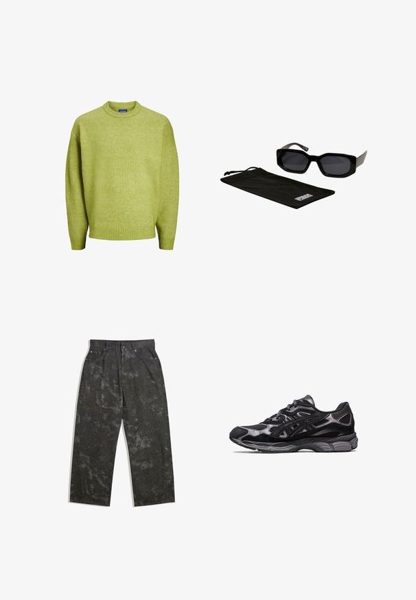 Jack & Jones JOROLLIE CREW NECK - Pulover - lima bean green; Temno sivi jeans hlače s sproščenim krojem, ki imajo subtilne marmorirane vzorce in kovinske dodatke. Oblikovanje s petimi žepi.; Črne športne čevlje z zgornjim delom iz mrežaste in usnjene tkanine, ki imajo teksturiran dizajn in trden, oblazinjen sivi podplat.; Črne sončna očala z oglatimi, prenagljenimi okviri in temnimi lečami, vključno s črnim mikrovlakenim etuijem z logotipom.