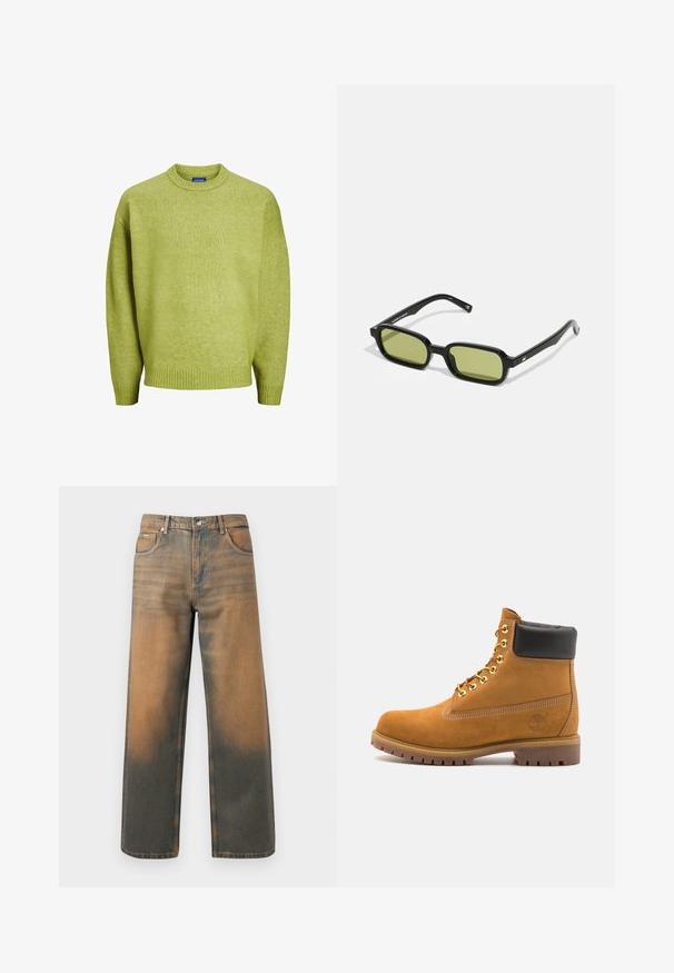 Jack & Jones JOROLLIE CREW NECK - Strickpullover - lima bean green; Weite Jeans aus verwittertem blauem und braunem Denim. Sie haben eine hohe Taille, Vorderseiten-Taschen und einen klassischen Knopfverschluss mit metallischen Akzenten.; Beige Wildleder-Ankle-Boot mit schwarzem gepolstertem Kragen, goldenen Metallösen, weißen Nähdetalben und einer robusten Gummisohle mit ausgeprägtem Profil.; Schwarze Sonnenbrille mit angular Design, grünen, getönten Gläsern und glatten Kunststoffrahmen. Mit goldenen Akzenten an den Bügeln.