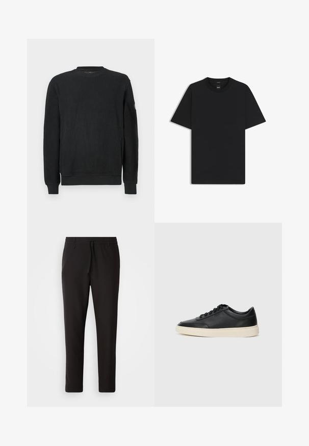 Maglione nero a maniche lunghe in maglia con texture a coste, collo a giro, e polsini aderenti, fotografato su uno sfondo bianco.; Maglietta nera a maniche corte realizzata in un morbido misto cotone, con scollatura a girocollo e un design minimalista senza motivi o dettagli.; Pantaloni jogger neri realizzati in tessuto liscio. Presentano una vita elasticizzata con stringa, gambe affusolate e senza tasche visibili. Design semplice.; Sneaker in pelle nera a basso profilo con lacci neri e suola avorio, mostrato di profilo su sfondo bianco.