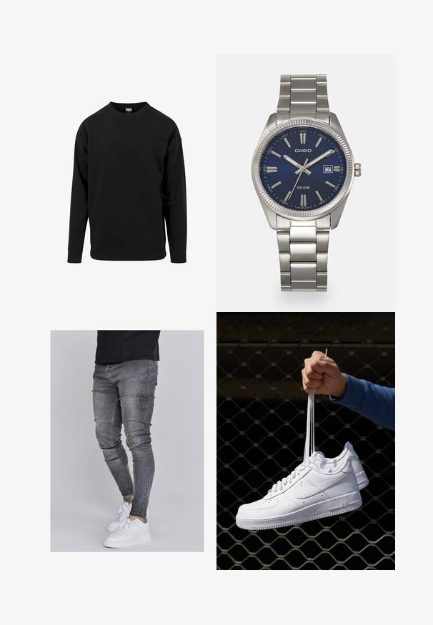 Felpa nera realizzata in tessuto morbido. Caratterizzata da un collo rotondo, maniche lunghe e polsini e orlo a costine. Design semplice e privo di decorazioni.; Jeans skinny in denim grigio sbiadito, con dettagli strappati sulle ginocchia, abbinati a sneakers bianche. Texture liscia, design slim fit.; Sneakers in pelle bianca con perforazioni, punta rotonda, suola piatta e lacci spessi, con logo swoosh visibile e "AIR" sul tallone.; Orologio da polso in acciaio inossidabile argento con quadrante blu navy, indici metallici e finestra della data alle 3. Resistente all'acqua fino a 50 metri.