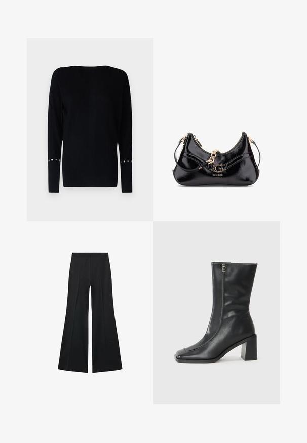 Patrizia Pepe Strickpullover - nero; Schwarze weit geschnittene Hose mit glatter Textur, ausgestattet mit Frontfalten und einem taillierten Design. Der Stoff ist leicht und fließend.; Schwarze Leder-Stiefelette mit quadratischer Zehenpartie, seitlichem Reißverschluss und chunky, quadratischem Absatz. Mit Kontrastnähten entlang der vorderen Naht.; Schwarze Lackledertasche mit geschwungenem Design, goldenen Hardware-Akzenten und einem auffälligen Logo. Inklusive abnehmbarem Schultergurt.