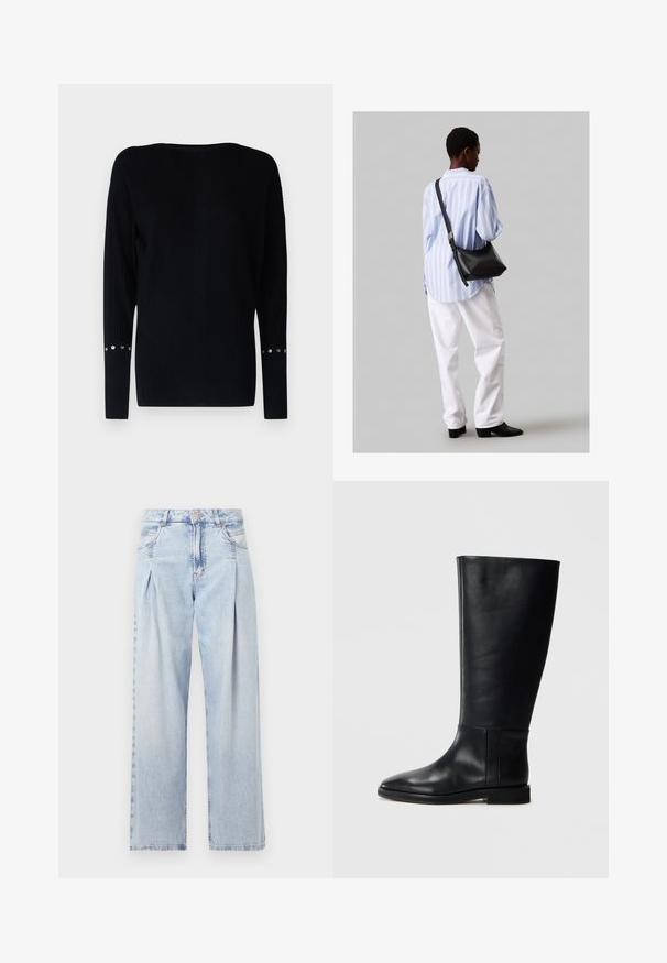 Patrizia Pepe Strickpullover - nero; Helle blaue Denim-Jeans mit hoher Taille, weitem Beinschnitt, zwei seitlichen Taschen und gefaltetem Design. Weiche Textur mit einem ausgebleichten Finish.; Schwarze Lederstiefel bis zum Knie mit runder Zehenform, glatter Textur, minimalistischem Design und flacher Sohle. Einfache Nahtdetails am Schaft.; Schwarze Leder-Umhängetasche mit weicher Textur, dreieckiger Form und verstellbarem Tragegurt, kombiniert mit einem hellblauen gestreiften Hemd und weißen Hosen.