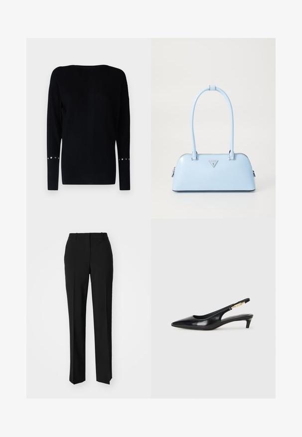 Patrizia Pepe Strickpullover - nero; Schwarze, taillierte Hose mit geradem Bein, aus einem glatten Stoff und mit klaren Falten an der Vorderseite. Keine sichtbare Hardware.; Schwarze Leder-Slingback-Pumps mit spitzem Schuhblatt, ausgestattet mit einem schlanken Absatz und einem goldfarbigen Akzent am verstellbaren Riemen. Glatte Textur.; Helle blaue Handtasche mit strukturierter Form, glattem Leder, zwei Griffen und einem dreieckigen Markenlogo auf der Vorderseite. Mit Reißverschluss.