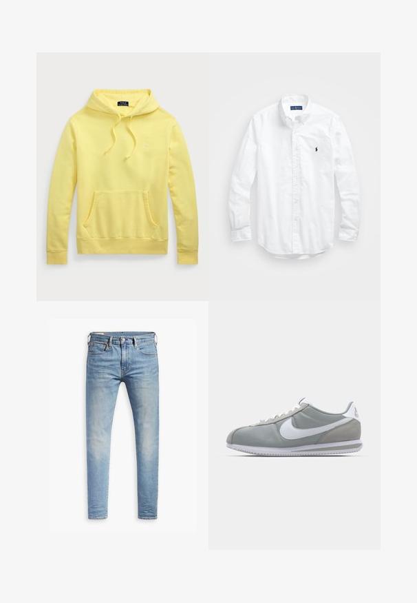 Gul bomull hettegenser med en frontlomme, snøring i hetta og en liten brodert logo på brystet. Glatt tekstur, avslappet design.; Hvit langermet skjorte i bomull med knapper. Har en klassisk krage, knappe mansjetter og en liten marineblå brodert logo på brystet.; Lyseblå slim-fit jeans med svak falming på lårene, frontknappelukking, beltehemper, og fem-lomme design på hvit bakgrunn.; Grå idrettssko med overdel i semsket skinn og tekstil, hvit Nike swoosh og hvite snøringer. Har en teksturert gummisåle og polstret krage.
